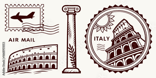 vintage italian postal stamps colosseum air mail sepia brown travel postmarks isolated on white background.