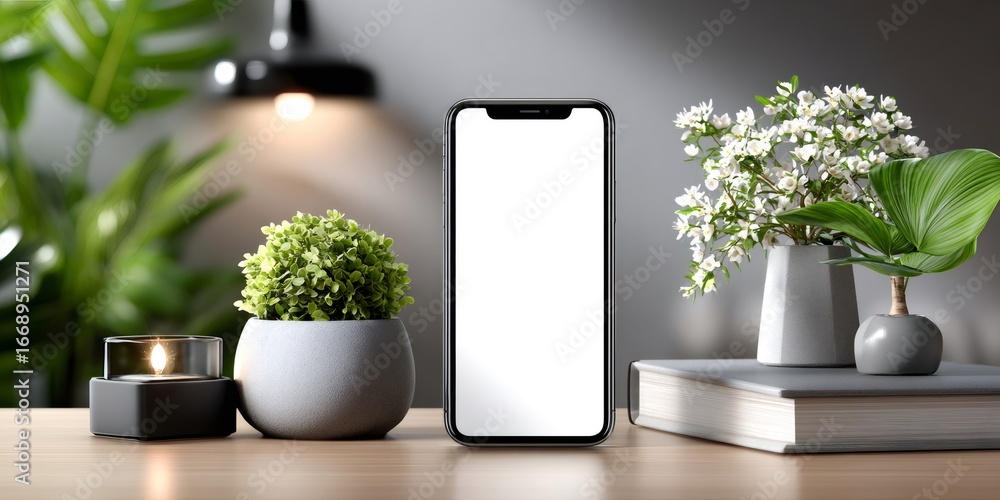 Fototapeta premium Smartphone with blank screen displaying on wooden table with home decorations