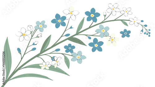 blue wildflowers watercolor botanical spray delicate forget-me-nots illustration isolated on white background.