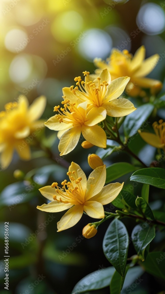Obraz premium Delicate Yellow Jasmine Branch with Small Flowers in Soft Green Garden Scene