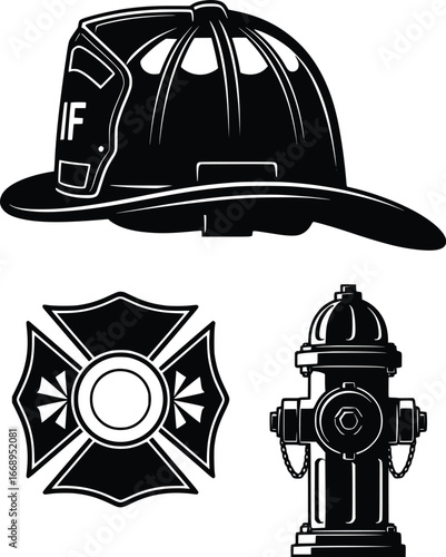 Iconic firefighter gear helmet emblem and hydrant symbol for emergency services and safety silhouette