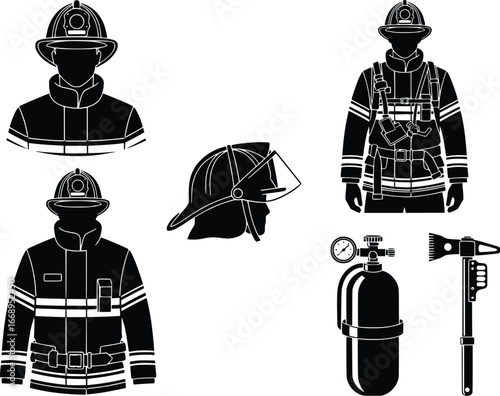 Firefighter gear and equipment collection heroic service safety equipment set silhouette