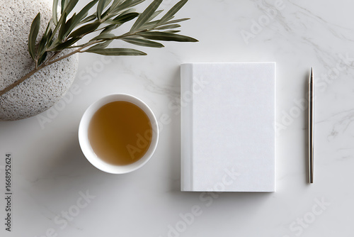 self-care routine, desk with journal, pen, and tea my self-care routine laid out