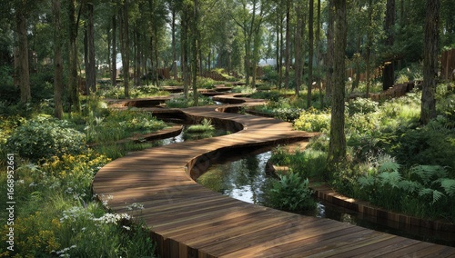 Winding wooden paths through a lush garden with water features