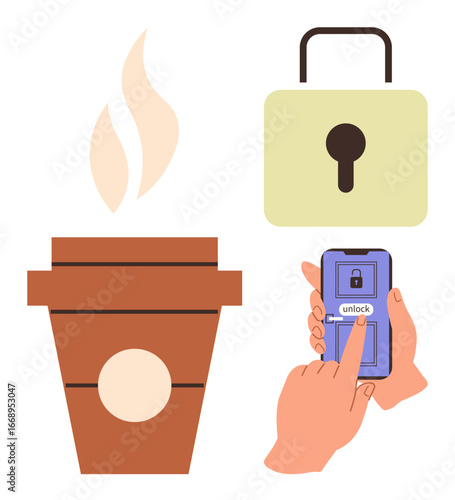 Coffee cup with steam, smartphone unlocking screen, and lock icon highlighting modern technology, security, and daily life convenience. Ideal for tech, security, lifestyle, work-life balance