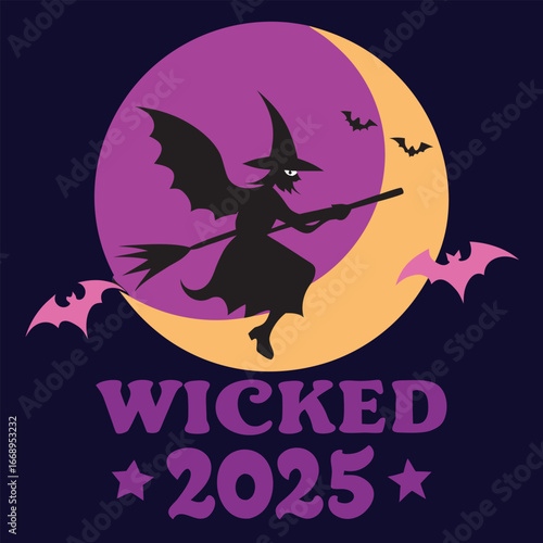 Wicked Witch Flying on Broomstick with Bats and Moon, Halloween 2025 Graphic