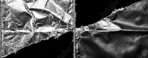 Ripped, crumpled metallic sheet on black background