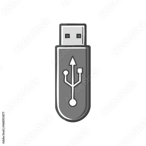 A close-up shot of a gray USB flash drive, a common storage device. The USB drive is on a plain background