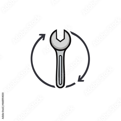 A simple illustration of a wrench enclosed by arrows representing a continuous loop of service and maintenance.