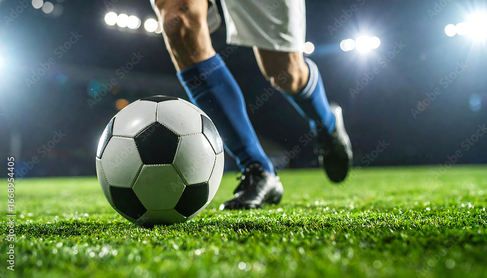 Naklejka premium サッカーの試合、ドリブルをする足元。Soccer game, feet dribbling.