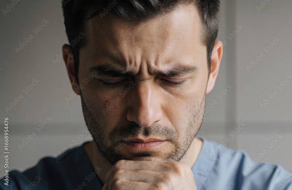 Fototapeta premium Man with furrowed brow and closed eyes expressing concern or deep thought in a close-up shot