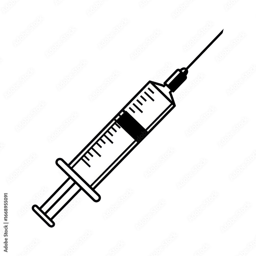 Simple black and white syringe graphic, displayed diagonally with the needle pointing right, emphasizing measurement details on the barrel. Simple black and white syringe graphic, displayed diagonally with the needle pointing right, emphasizing measurement details on the barrel.