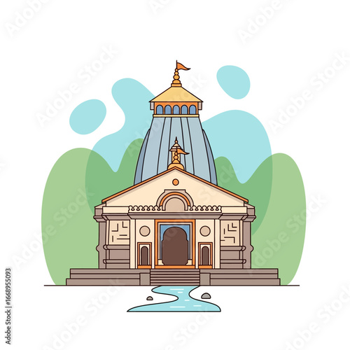 Colorful Outline Illustration of a Traditional Indian Temple Complex.