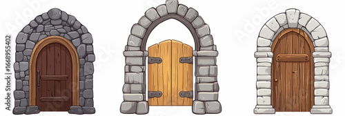 Set of three medieval wooden doors with stone archways in old castle style isolated on white background flat vector illustration for game design or architecture concepts