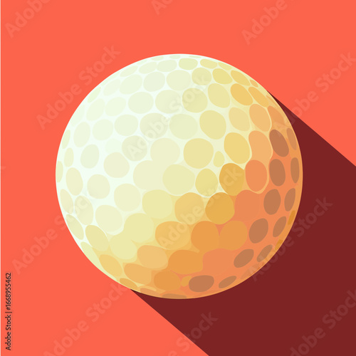 Golf ball with dimples casting long shadow in flat minimalist style on bright orange background vector illustration