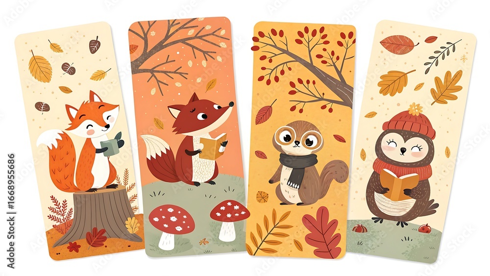 Obraz premium Charming autumn themed bookmarks featuring adorable forest animals reading books amidst fall foliage