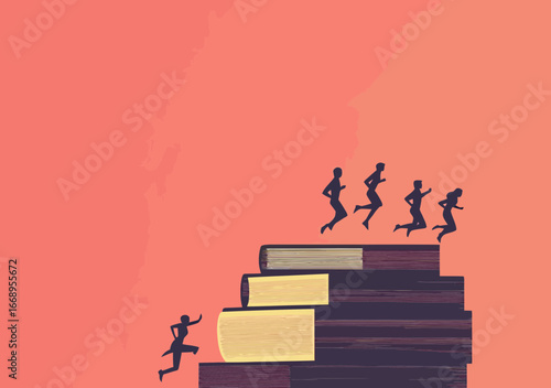 Silhouettes of business people running and jumping on stacked books symbolizing growth knowledge and success in education and career development concept