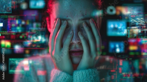 Digital overload and emotional distress: A person covers their face amidst a chaotic landscape of blurred screens and technological noise, symbolizing information anxiety
