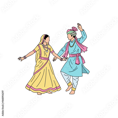 Illustrated Couple Performing Traditional Indian Dance in Vibrant Costumes.
