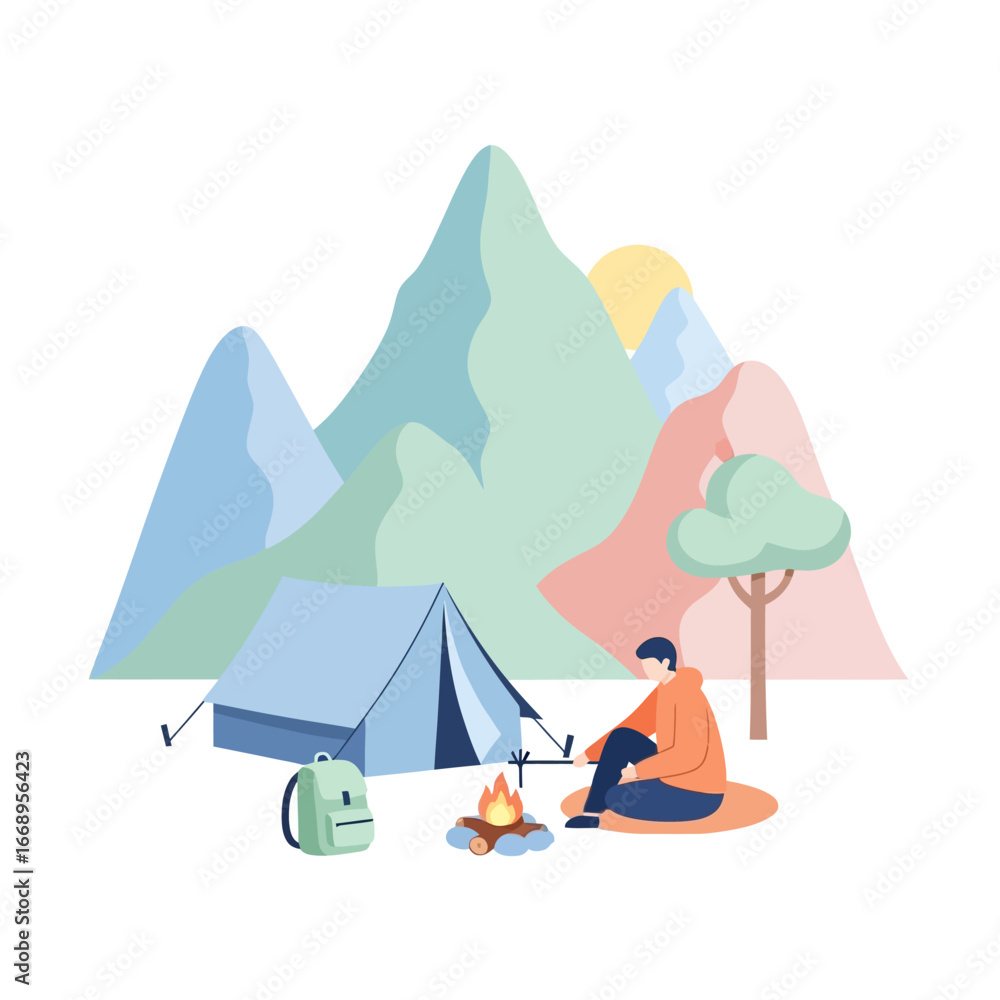 Fototapeta premium Man Camping with Tent, Backpack, and Campfire in a Mountain Landscape.