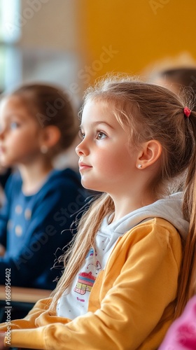 Young student in bright yellow sweater attentively listening during classroom lesson, gazing forward with focused expression and ponytail hairstyle