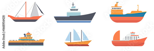 Flat minimalist vector set of various boat and ship icons including sailboats, cargo ships, fishing boats, and passenger vessels in bright colors