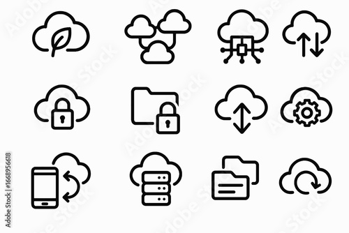 Collection of 12 black cloud computing and backup icons in flat vector style with white background, ideal for SaaS, IT security, and technology projects.