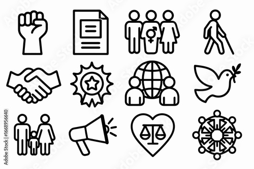 Set of 12 black inclusivity and equality icons in flat vector style with white background, perfect for community apps, activism platforms, and NGO projects.