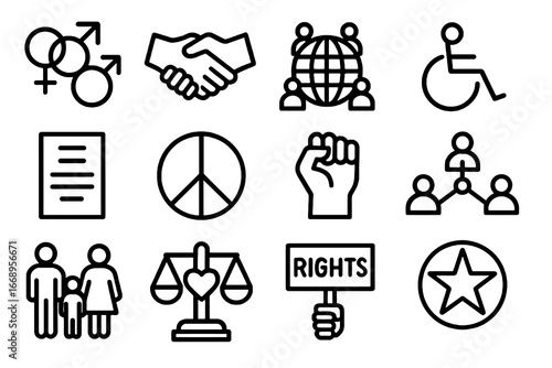 Collection of 12 black inclusivity and human rights icons in flat vector style with white background, ideal for NGOs, social justice platforms, and equality education.