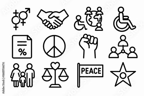 Set of 12 black inclusivity and equality icons in flat vector style with white background, perfect for social projects, awareness campaigns, and community apps.