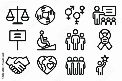 Collection of 12 black inclusivity and human rights icons in flat vector style with white background, ideal for education, community programs, and equality platforms.