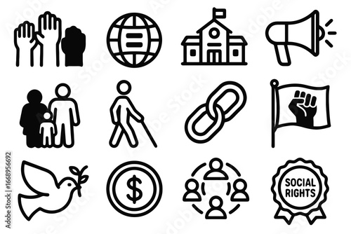 Collection of 12 black inclusivity and equality icons in flat vector style with white background, ideal for activism, education platforms, and social justice design.