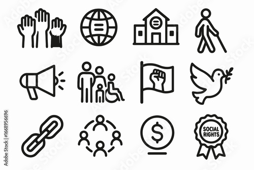 Set of 12 black inclusivity and diversity icons in flat vector style with white background, perfect for NGOs, awareness campaigns, and community projects.