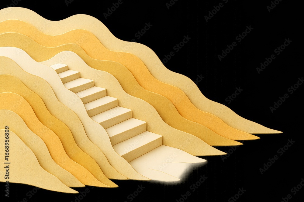 Fototapeta premium A striking paper cutout artwork of layered geometric shapes and a staircase.