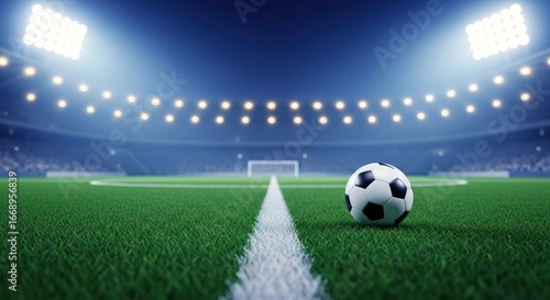 A soccer ball rests on the vibrant green field of a stadium  illuminated by powerful stadium lights.