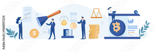 Financial analysis teamwork with business people examining charts and coins, investment planning, economic growth concept in flat vector illustration