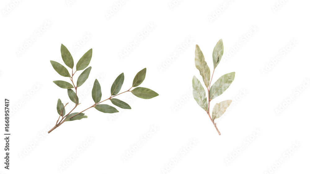 Fototapeta premium Vibrant green leaves and dried foliage sprigs elegantly arranged on a clean white background, perfect for natural beauty and botanical designs.