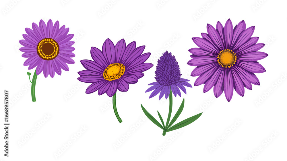 Fototapeta premium Vibrant purple aster flowers bloom with delicate petals and sunny yellow centers, bringing natural beauty to any project