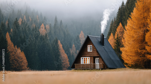 Fototapeta Naklejka Na Ścianę i Meble -  Cozy autumn wooden cabin in misty forest with smoke from chimney