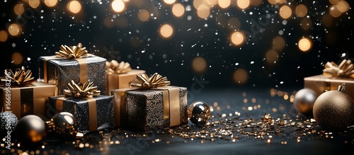 Holiday Gifts With Golden Decorations and Sparkling Lights Create a Festive A...