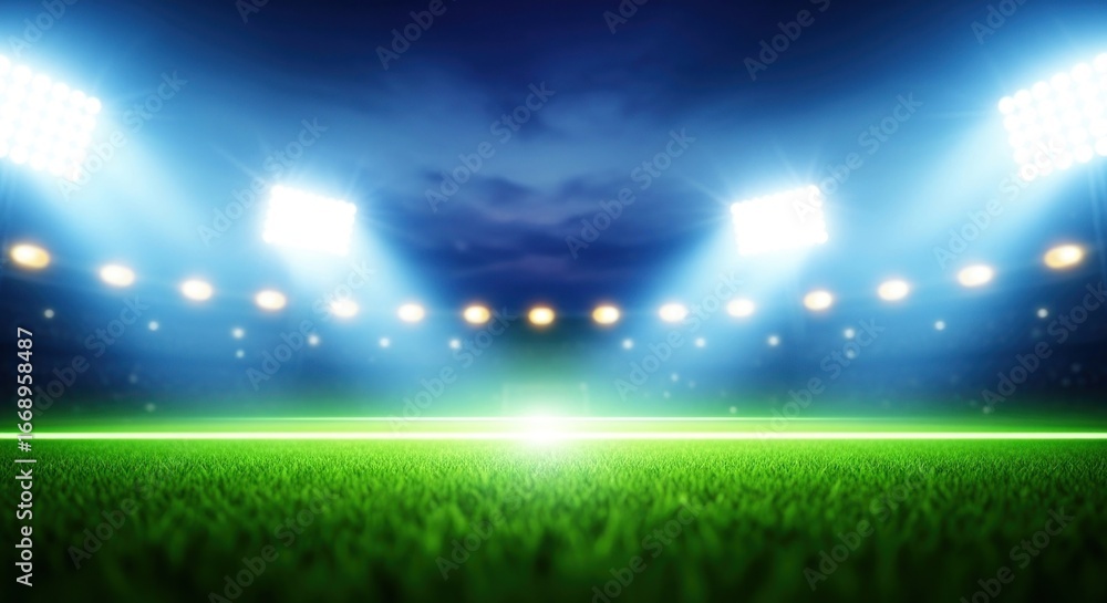 Obraz premium A vibrant stadium field bathed in bright spotlights, showcasing a dramatic night-time atmosphere.