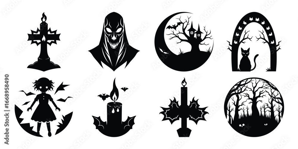 Fototapeta premium Set of Spooky Halloween Silhouettes for Crafts and Decorations in Black and White