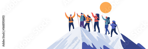 Group of hikers with backpacks standing on snow covered mountain peak celebrating achievement in flat minimalist vector illustration design
