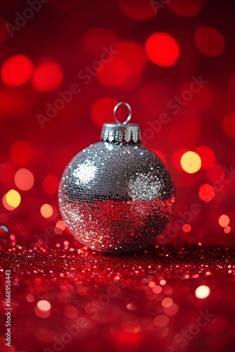 Sparkling Silver Ornament Shines on a Festive Red Background During Holiday S...