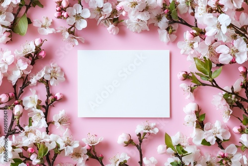 Colorful Flowers Surround a Blank Canvas on a Pink Background for Creative Inspiration.