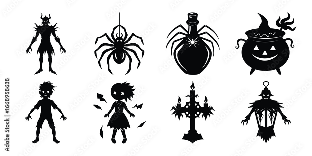 Naklejka premium Spooky Halloween Silhouette Icons Monster Spider Witch Cauldron and More