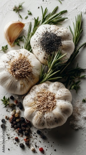 Fresh Garlic Bulbs With Herbs and Spices Arranged for Culinary Preparation in...