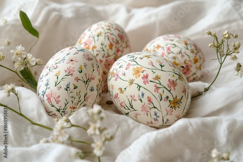 Beautifully Decorated Floral Eggs Arranged With Delicate Flowers on Soft Fabr...