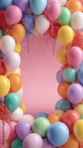 Colorful Balloon Decoration Framing an Empty Mirror on a Pink Wall for a Fest...