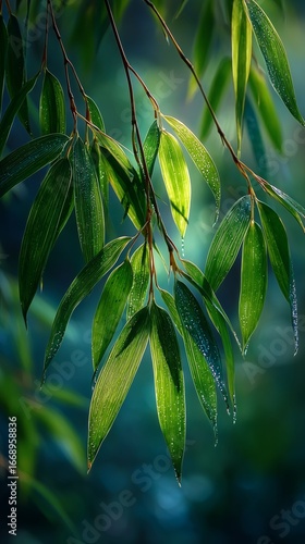Beautiful Green Bamboo Leaves Glistening With Morning Dew in a Tranquil Fores...